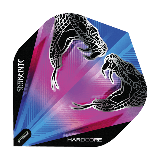 PPF48_Peter_Wright_Snakebite_Hardcore_Snake_Black_Transparent_Flights_1 Das Bild zeigt ein Dart-Flight mit dem Namen "Peter Wright Snakebite Hardcore Snake Black Transparent Flights". Auf dem Flight sind zwei schwarze Schlangen und ein farbenfroher Hintergrund in Blau, Lila und Pink zu sehen.