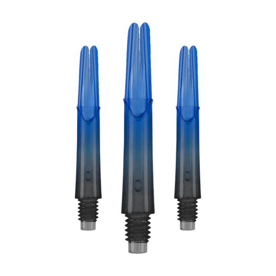 Dwukolorowe wałki L-L-Style-Shaft Locked Straight Natural9 - niebieskie Das Bild zeigt drei gerade Dartschäfte mit einem Farbverlauf von Schwarz zu Blau. Sie haben Gewinde am unteren Ende und sind ohne Kappen abgebildet.