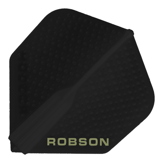 Lotki Robson Plus Dimple – czarne Dieses Bild zeigt ein schwarzes Dart-Flight mit dem Namen "Robson Plus Dimple Flights - Schwarz". Auf dem Flight steht am unteren Rand das Wort "ROBSON" in hellen Buchstaben.
