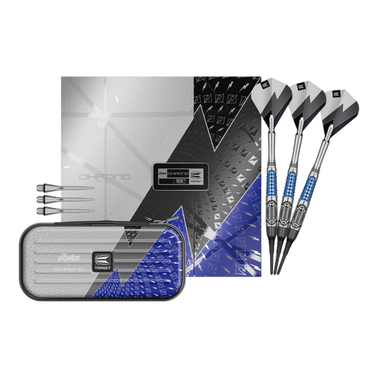 Miękkie lotki Target Phil Taylor Power X Chrono Hier sieht man die Target Phil Taylor Power X Chrono Softdarts. Die Softdarts sind vollständig dargestellt und zeigen das gesamte Set.