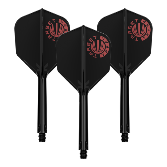 Target Japan K-Flex Oryginalne logo Czerwony Czarny System wału napędowego nr 6 Auf dem Bild sind drei schwarze Dartflights mit integriertem Schaft zu sehen. Oben links auf jedem Flight befindet sich ein rotes Logo mit der Aufschrift "TARGET JAPAN".