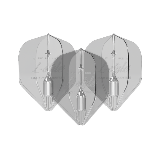 Loty L-Style Fantom L1EZ Jasne Das Bild zeigt drei transparente Dartflights des Modells "L-Style Fantom L1EZ Flights Clear". Die Flights sind klar und haben eine klassische Pfeilform.