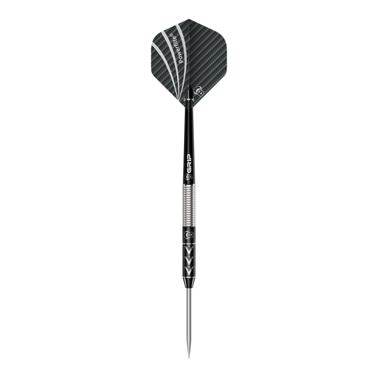 Rzutki stalowe Bulls Challenger Arno Merk - 22g Das Bild zeigt einen Steeldart namens "Bulls Challenger Arno Merk Steeldarts - 22g". Der Dartpfeil ist schwarz-silber und hat ein modernes Design mit strukturiertem Schaft und schwarzer Flight.