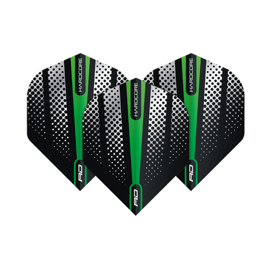 Das Bild zeigt drei Dart-Flights der Marke "Red Dragon Hardcore Radical Green Flash Standard Flights". Die Flights sind schwarz mit grünen und weißen Designelementen und haben einen modernen, auffälligen Look.