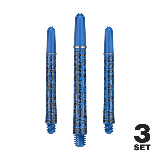 Das Bild zeigt drei blaue Dartschäfte mit schwarzem Muster und der Aufschrift "PRO GRIP". In der rechten unteren Ecke steht "3 SET".