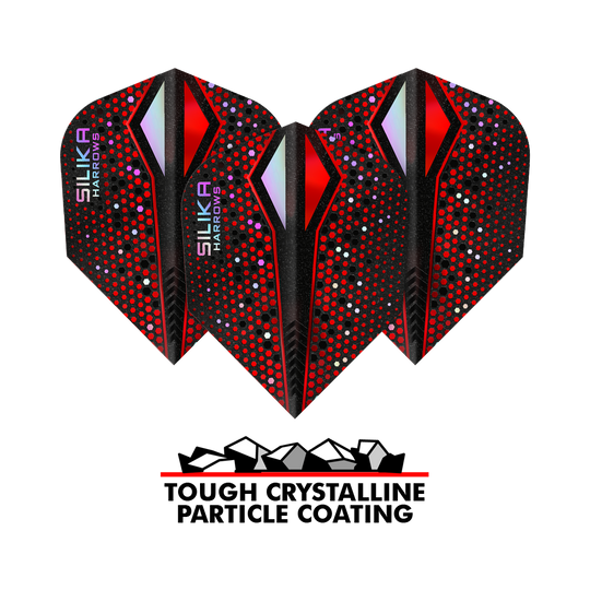Powłoka krystaliczna Harrows Silika Colourshift Tough Crystalline Coating Red-X No6 Flights Das Bild zeigt drei Dart-Flights der Marke Harrows Silika Colourshift in Rot und Schwarz mit bunten Punkten. Unter den Flights steht der Text „Tough Crystalline Particle Coating“ mit einer Grafik von kleinen Kristallen.