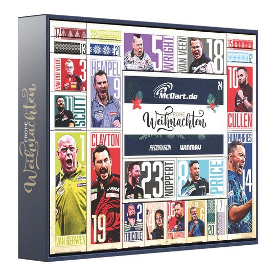 Zu sehen ist der McDart Darts Adventskalender 2025. Er enthält spannende Inhalte für Darts-Fans.