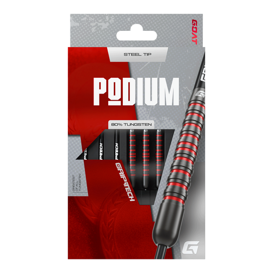 Abgebildet sind die GOAT Podium Black Steeldarts. Die Darts sind für Präzision und Stil beim Spielen entwickelt.