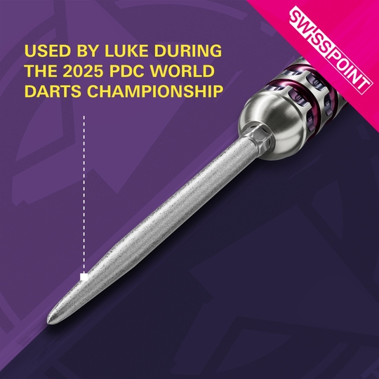 Groty do lotek Target Swiss Point SLK – srebrne Das Bild zeigt die silberne Dartspitze „Target Swiss Point SLK“. Sie wurde laut Aufschrift von Luke während der PDC Darts Weltmeisterschaft 2025 verwendet.
