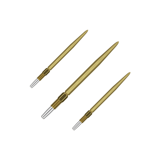 Target Swiss Point Nano Dart Tips - Złoto Auf dem Bild sind drei goldfarbene Dartspitzen zu sehen. Sie haben eine feine Riffelung und ein silbernes Schraubgewinde am Ende.