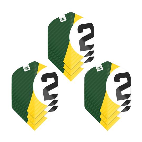 337207_Target_ProUltra_3Sets_Chicane_Green_Standard_Flights_1XKCR7hond5hby Das Bild zeigt drei Sätze Dartflights mit der Aufschrift „2“ in den Farben Grün, Gelb und Weiß. Die Flights sind vom Typ Target Pro Ultra Chicane Green No2 Standard.