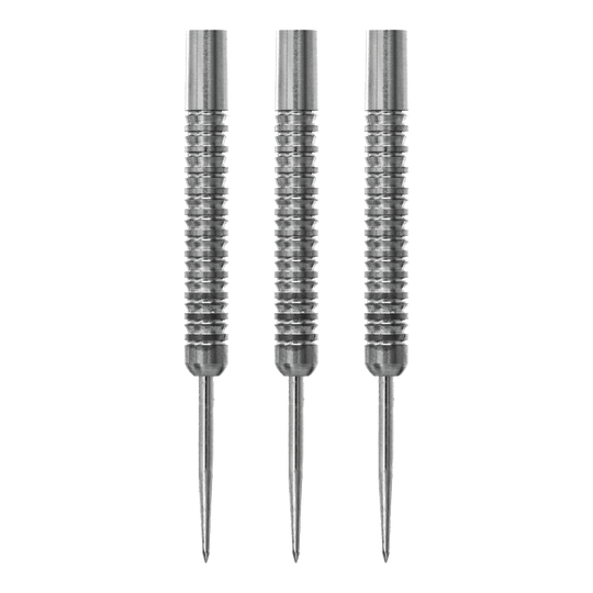 Das Bild zeigt drei silberne Steeldart-Barrels des Produkts „McDart Spectre V1“ mit einem Gewicht von 24g. Die Barrels haben eine griffige, gerillte Oberfläche und spitze Enden.