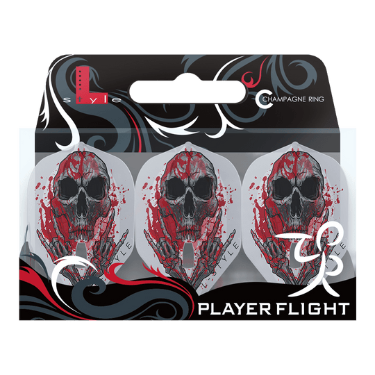 Das Bild zeigt die "L-Style Ryan Searle V3 L1PRO Clear White Flights" in einer Verpackung. Auf den Flights ist ein auffälliges Totenkopf-Motiv mit roten Akzenten zu sehen.