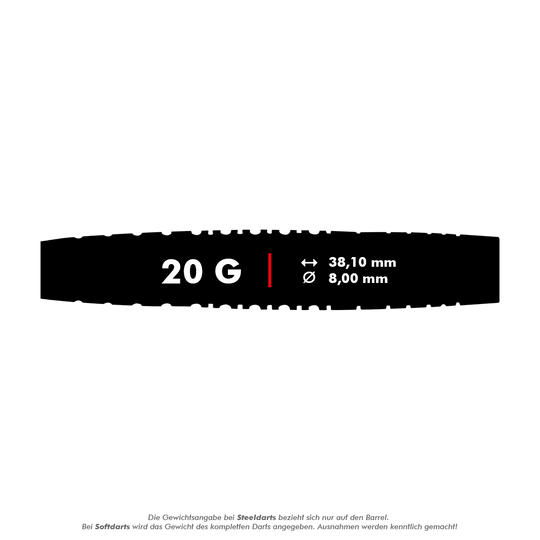 Miękkie lotki Red Dragon Rifle - 20g Das Bild zeigt die Red Dragon Rifle Softdarts mit einem Gewicht von 20 Gramm. Die Maße sind 38,10 mm Länge und 8,00 mm Durchmesser.