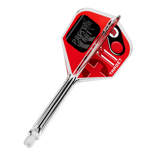 Gezeigt wird ein einzelner Dart Flight mit dem Namen 410584 Target K-Flex PressStart No6 33mm. Dieses Produkt dient als Aufsatz für Dartpfeile.