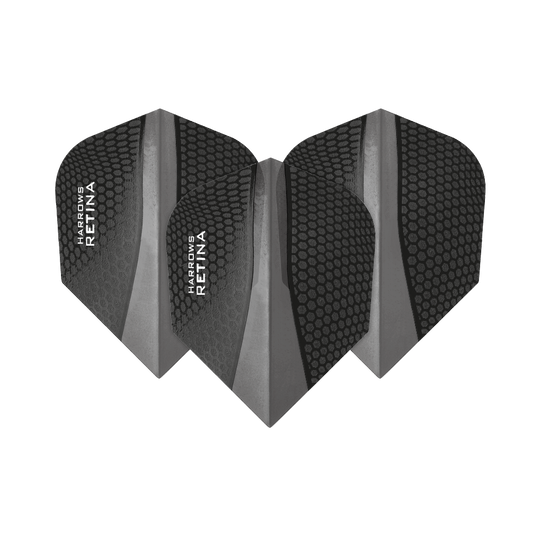 HR67_Harrows_Retina_Schwarz_No2_Standard_Flights_1zktKmRpfkumOw Das Bild zeigt drei schwarze Dart-Flights des Modells "Harrows Retina No6". Sie haben eine strukturierte Oberfläche mit einem modernen Design und weißer Aufschrift.