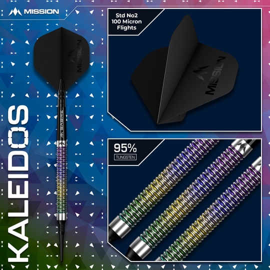 Mission Kaleidos miękkie lotki - 19g Hier ist Mission Kaleidos Softdarts - 19g zu sehen. Die Darts eignen sich perfekt für elektronische Dartboards.