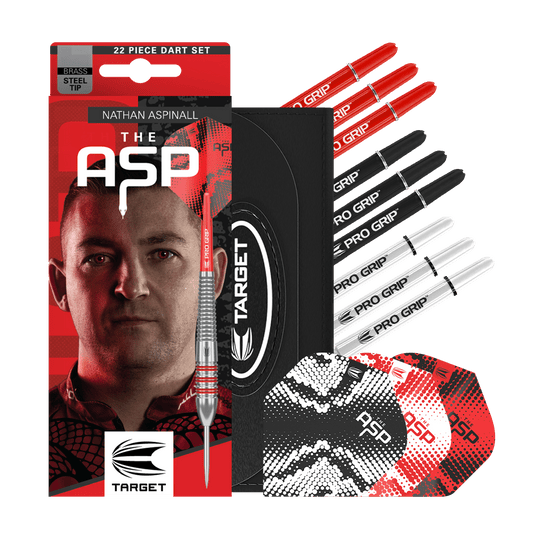 Lotki ze stali mosiężnej Nathan Aspinall Target - 22 g Zu sehen sind die Target Nathan Aspinall Brass Steeldarts mit 22 Gramm Gewicht. Diese Darts sind ideal für präzises Steeldart-Spiel.