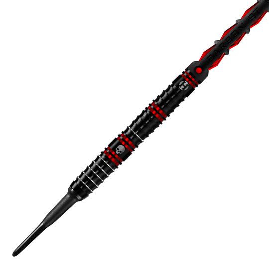 Harrow's Ryan Searle Heavy Metal Soft Darts Der Harrows Ryan Searle Heavy Metal Softdart ist in Schwarz mit roten Akzenten gestaltet. Auf dem Dart befindet sich ein kleines Totenkopf-Symbol.