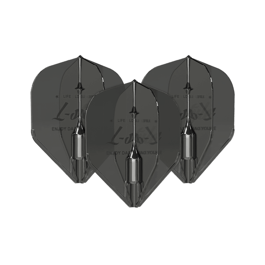 Lotki w stylu L Fantom L1EZ w kolorze czarnym Das Bild zeigt drei schwarze L-Style Fantom L1EZ Flights für Darts. Die Flights sind nebeneinander angeordnet und verfügen über ein glänzendes, modernes Design.