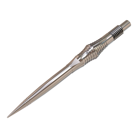 Końcówki do lotek Harrows Quick Point Spire Elite Series – srebrne Auf dem Bild sind einzelne silberne Dartspitzen zu sehen. Sie sind groß abgebildet und deutlich dargestellt.
