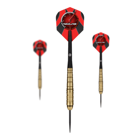 Strzały stalowe Redline Mach 1 Das Bild zeigt drei Steeldarts des Produkts "Shot Redline Mach 1". Die Darts haben rote Flights mit einem Logo und goldene Griffe.