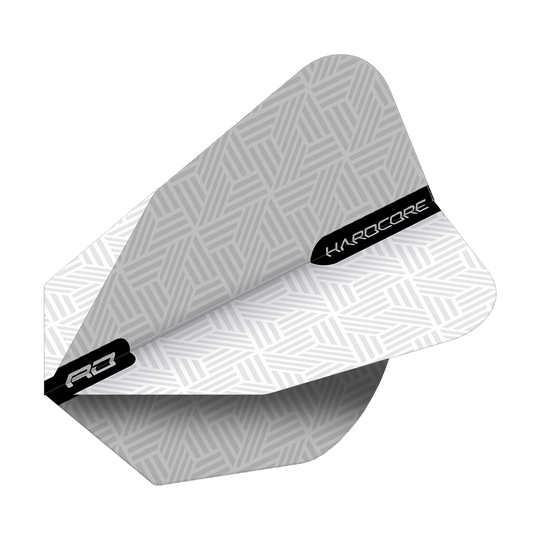 TF6848_Red_Dragon_White_V-Standard_Flights_2tNkFitBtu1GOB Das Bild zeigt das Produkt "Red Dragon White V-Standard Flights" für Darts. Die Flights sind weiß mit einem dezenten, geometrischen Muster und schwarzen Akzenten.