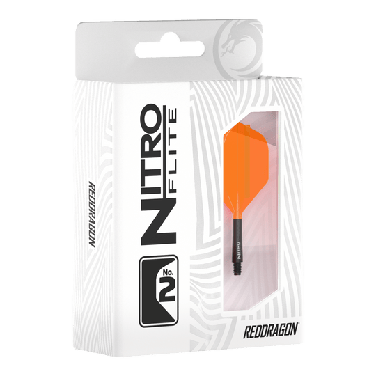 Abgebildet ist Red Dragon Nitroflite Black Shaft Orange Flights No2. Der Dart hat einen schwarzen Schaft und orange Flights.