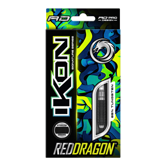 Red Dragon Ikona 3 Steeldarts Auf dem Bild ist die Verpackung der "Red Dragon Ikon 3 Steeldarts" zu sehen. Die Packung ist bunt gestaltet und hebt hervor, dass die Darts aus 85% Tungsten bestehen.