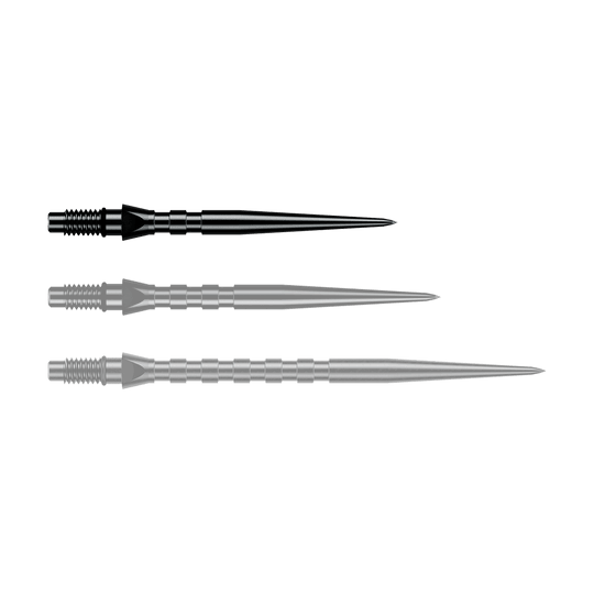Abgebildet ist eine einzelne schwarze Winmau Switch Point Groove Steeldartspitze, 26 mm lang. Sie eignet sich zum Austausch von Steeldartspitzen.