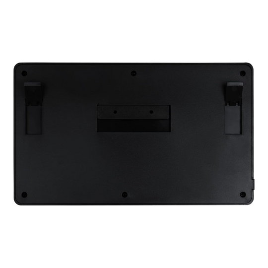 Licznik rzutek XQMax Dublin Das Bild zeigt die Rückseite des XQMax Dublin Dart Counter. Die Oberfläche ist schwarz mit zwei ausklappbaren Ständern und mehreren Befestigungspunkten.