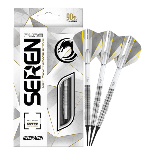 Die Abbildung zeigt die "Red Dragon Seren 4 Pure Softdarts - 20g" mit eleganten silbernen Pfeilen. Die Verpackung hebt den 90%igen Wolframanteil und das moderne Design hervor.