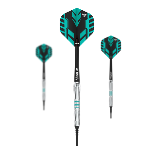Auf dem Bild sind drei Bulls V1 Softdarts zu sehen, die nebeneinander angeordnet sind. Die Darts haben silberne Spitzen, schwarze Schäfte und türkis-schwarz gemusterte Flights.