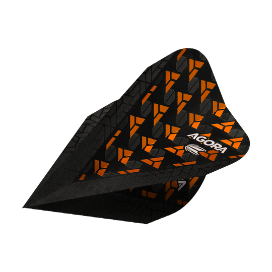 TG73_332670_Target_Agora_Ghost_Orange_Vapor_Flights_2 Das Bild zeigt ein Target Agora Ghost Orange Vapor Flight für Darts. Das Flight ist schwarz mit einem auffälligen orangenen Muster und dem Schriftzug "AGORA".