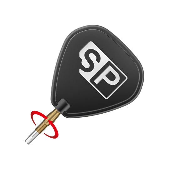 Końcówki do lotek Target Swiss Storm Diamond Point – złote Das Bild zeigt eine schwarze Dartflügel mit der Aufschrift "SP" in weiß. Daran ist eine goldene Dartspitze befestigt.