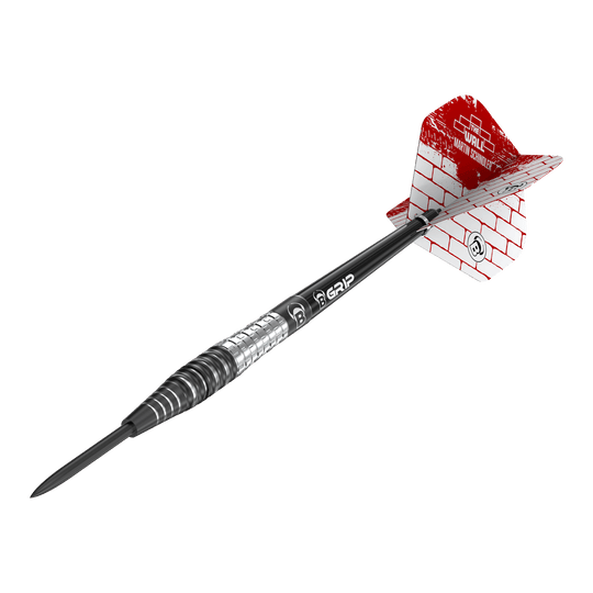 Rzutki stalowe Bulls Martin Schindler Original Generation 3 Das Bild zeigt einen Steeldartpfeil der Marke "Bulls Martin Schindler Original Generation 3". Der Dartpfeil hat eine schwarz-silberne Spitze und Flight mit rotem Mauer-Design.