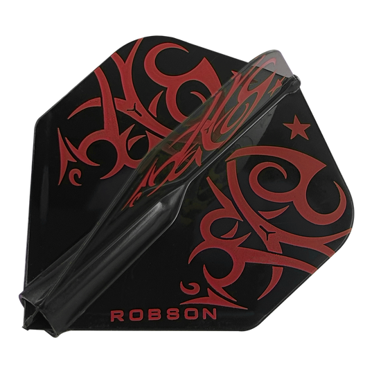 Das Bild zeigt die Robson Plus Tribe Standard Flights für Darts. Sie sind schwarz mit roten, tribalartigen Mustern und dem Schriftzug "ROBSON".