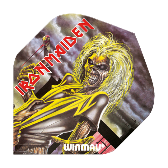 6905-223_Winmau_Rockstar_Legends_Iron_Maiden_Killers_Standard_Flights_1 Das Bild zeigt ein Winmau Rockstar Legends Iron Maiden Killers Standard Dart-Flügel. Auf dem Flight ist das bekannte Iron Maiden Maskottchen "Eddie" mit gelben Haaren und gruseligem Aussehen abgebildet.