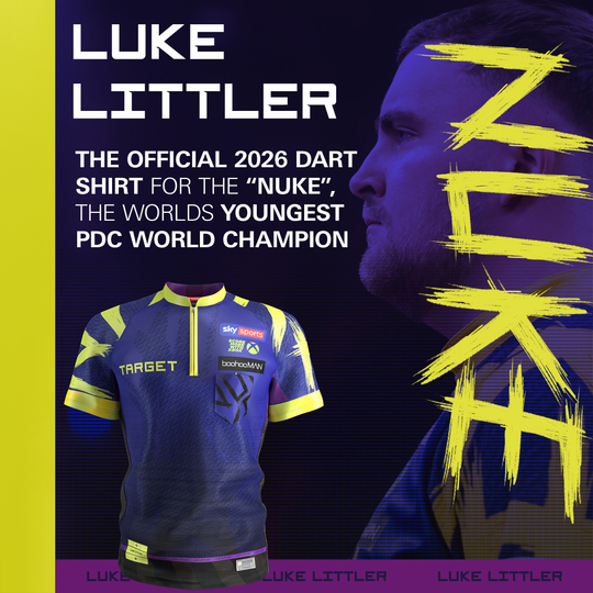 Koszulka do darta Target Luke Littler 2026 Abgebildet ist das Target Luke Littler Dartshirt 2026 aus einer anderen Perspektive. Das Shirt ist speziell für Fans und Spieler geeignet.