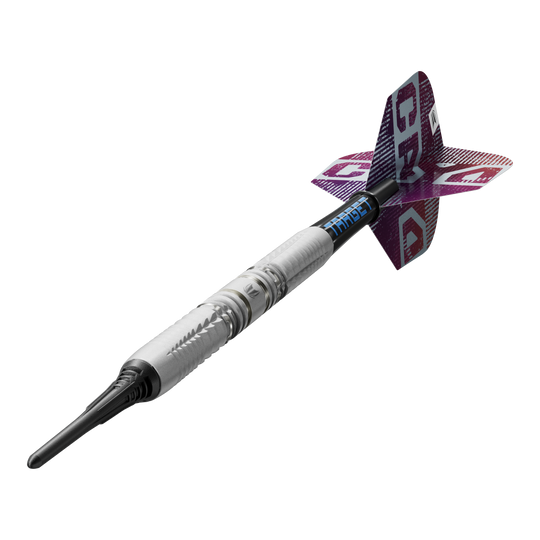 Dieses Bild zeigt die Target Cryo 12 Softdarts im Detail. Die Besonderheiten der Softdarts sind gut erkennbar.
