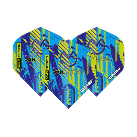 Winmau Delta Michael Van Gerwen Prism 04 Loty standardowe Das Bild zeigt die Winmau Delta Michael Van Gerwen Prism 04 Standard Flights. Sie haben ein farbenfrohes Design in Blau, Gelb und Schwarz mit dem Namen und Logo von Michael Van Gerwen.