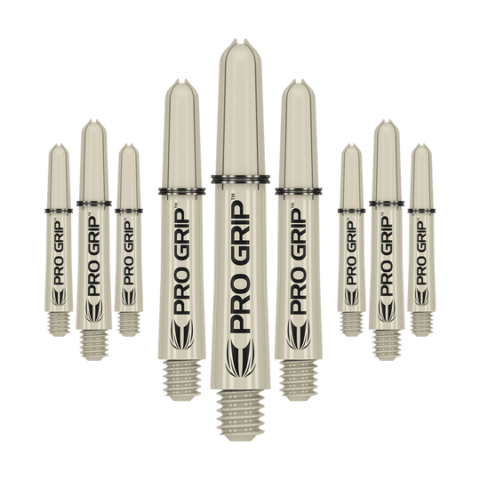 Drążki Target Pro Grip - 3 zestawy - piasek Das Bild zeigt neun beige Dartschäfte mit der Aufschrift „PRO GRIP“. Sie sind in drei Reihen angeordnet, wobei die mittlere Reihe größer erscheint.