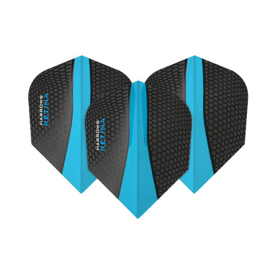 Das Bild zeigt drei Harrows Retina Aqua No6 Flights für Dartpfeile. Die Flights sind schwarz mit einem blauen Streifen in der Mitte und einem Wabenmuster.