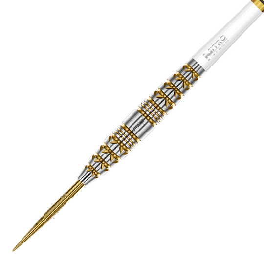 Rzutki stalowe Red Dragon Paradym Gold Torpedo Das Foto zeigt die Red Dragon Paradym Gold Torpedo Steeldarts aus einer anderen Perspektive. Die Darts zeichnen sich durch ein elegantes, goldenes Design aus.