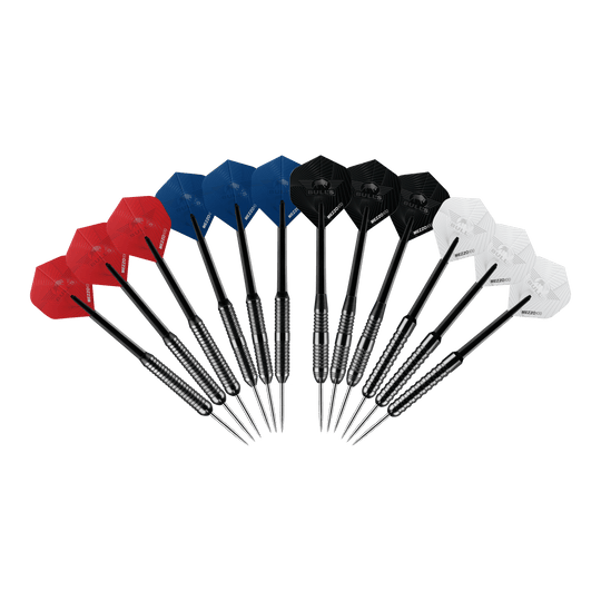 Zestaw stalowych rzutek Bulls NL - 4 zestawy mosiężnych rzutek Steeldarts Abgebildet ist das Produkt Bulls NL Bundle Of Steel - 4 Sets Brass Steeldarts. Es sind vier Sätze Steeldarts aus Messing dargestellt.