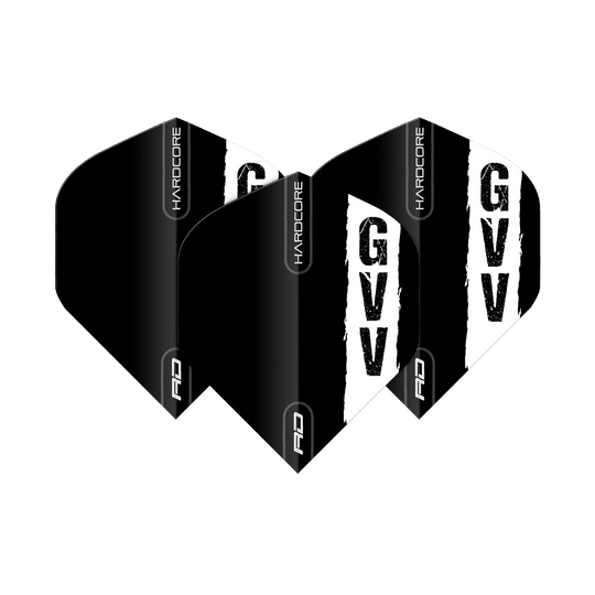Red Dragon Hardcore Gian Van Veen Czarne Logo Standardowe Loty Das Bild zeigt drei schwarze Dartflights mit dem weißen Aufdruck "GVV" und dem Schriftzug "HARDCORE". Es handelt sich um das Produkt "Red Dragon Hardcore Gian Van Veen Black Logo Standard Flights".