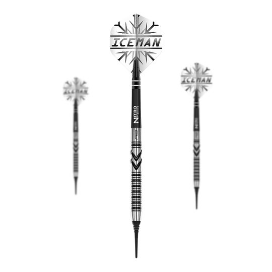 Miękkie rzutki Red Dragon Gerwyn Price Thunderbolt - 20g Das Bild zeigt drei Softdarts des Modells "Red Dragon Gerwyn Price Thunderbolt - 20g". Auf den Flights steht "ICEMAN" und die Darts haben ein schwarz-silbernes Design.