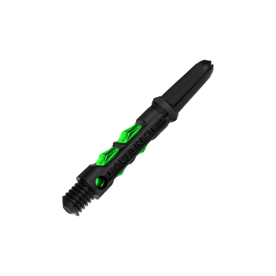 HR422_Harrows_Carbon_ST_Shafts_Gr-n_33mm_2 Das Bild zeigt einen Harrows Carbon ST Shaft in der Farbe Grün. Der Schaft besteht aus schwarzem Material mit auffälligen grünen Akzenten.