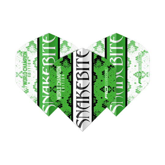 Czerwony Smok Peter Wright Ukąszenie Węża Zielono-Białe Yin Yang Standardowe Loty Das Bild zeigt drei Dart-Flights in den Farben Grün, Weiß und Schwarz mit der Aufschrift "Snakebite". Auf den Flights steht außerdem "World Champion Edition" und das Red Dragon Logo.