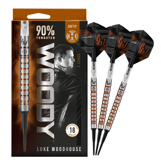 Harrow's Luke Woodhouse Series 2 Soft Darts - 18g Das Bild zeigt die Harrows Luke Woodhouse Series 2 Softdarts mit einem Gewicht von 18 Gramm. Die Verpackung hebt hervor, dass die Darts zu 90 % aus Tungsten bestehen und für Softtip-Spiele geeignet sind.